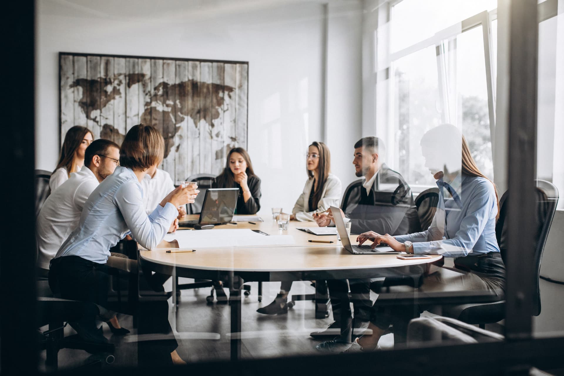 Leadership team collaborating in a modern office